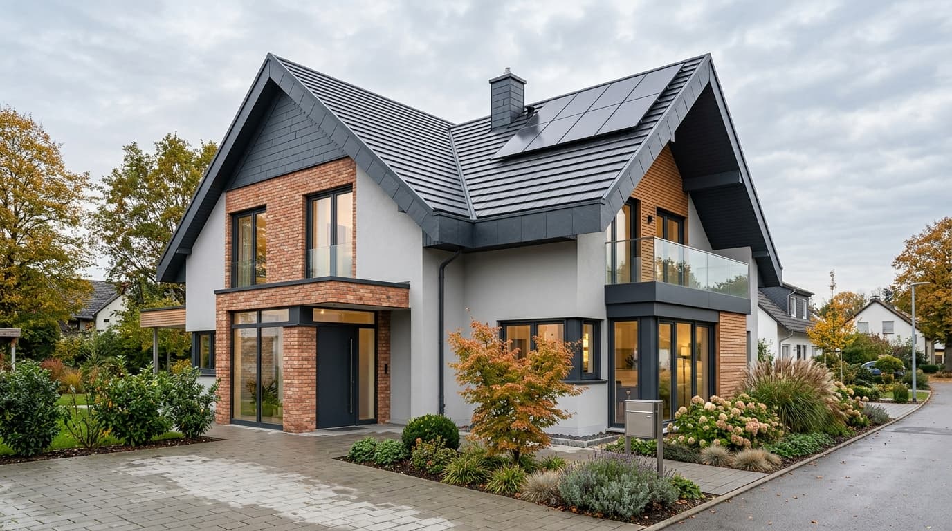 Neues anthrazitfarbenes Ziegeldach auf modernem Einfamilienhaus