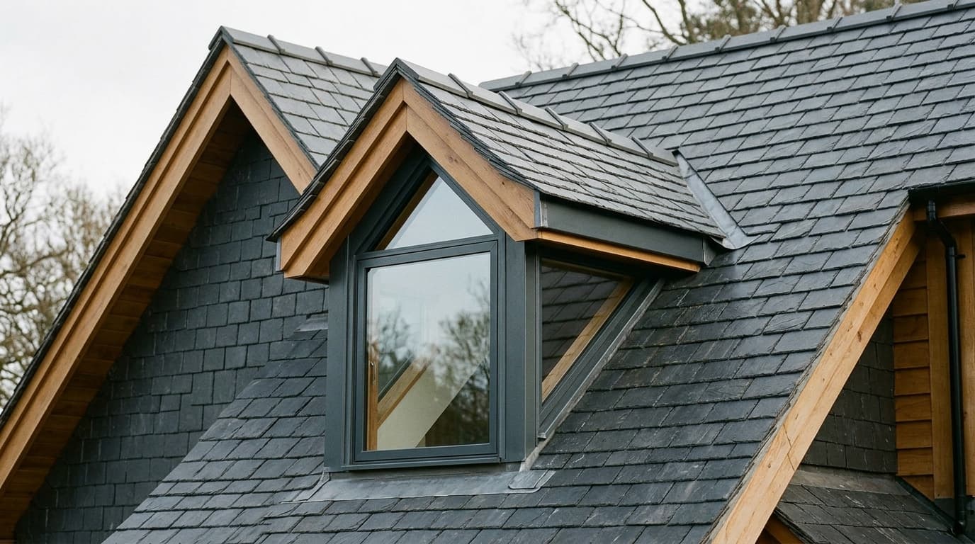 Detailaufnahme eines perfekt gedeckten Daches mit Dachgaube